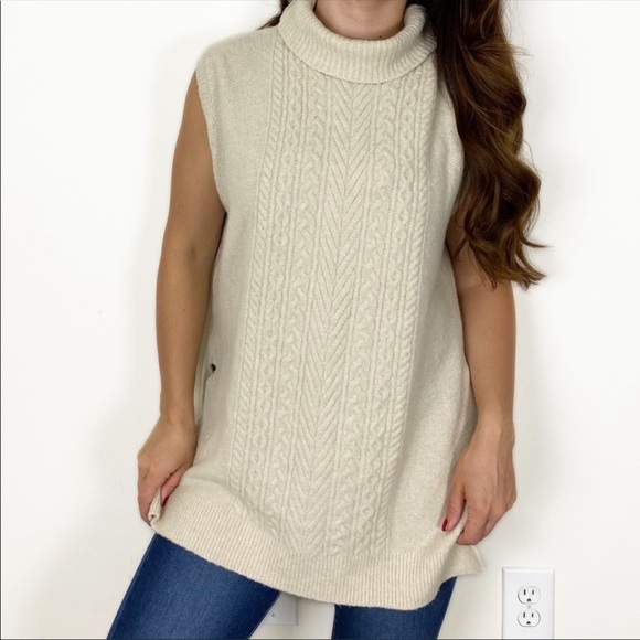 LOFT Wool Beige Cream Super Soft Turtleneck Sweater Oversized Cozy Long Medium - Picture 1 of 6
